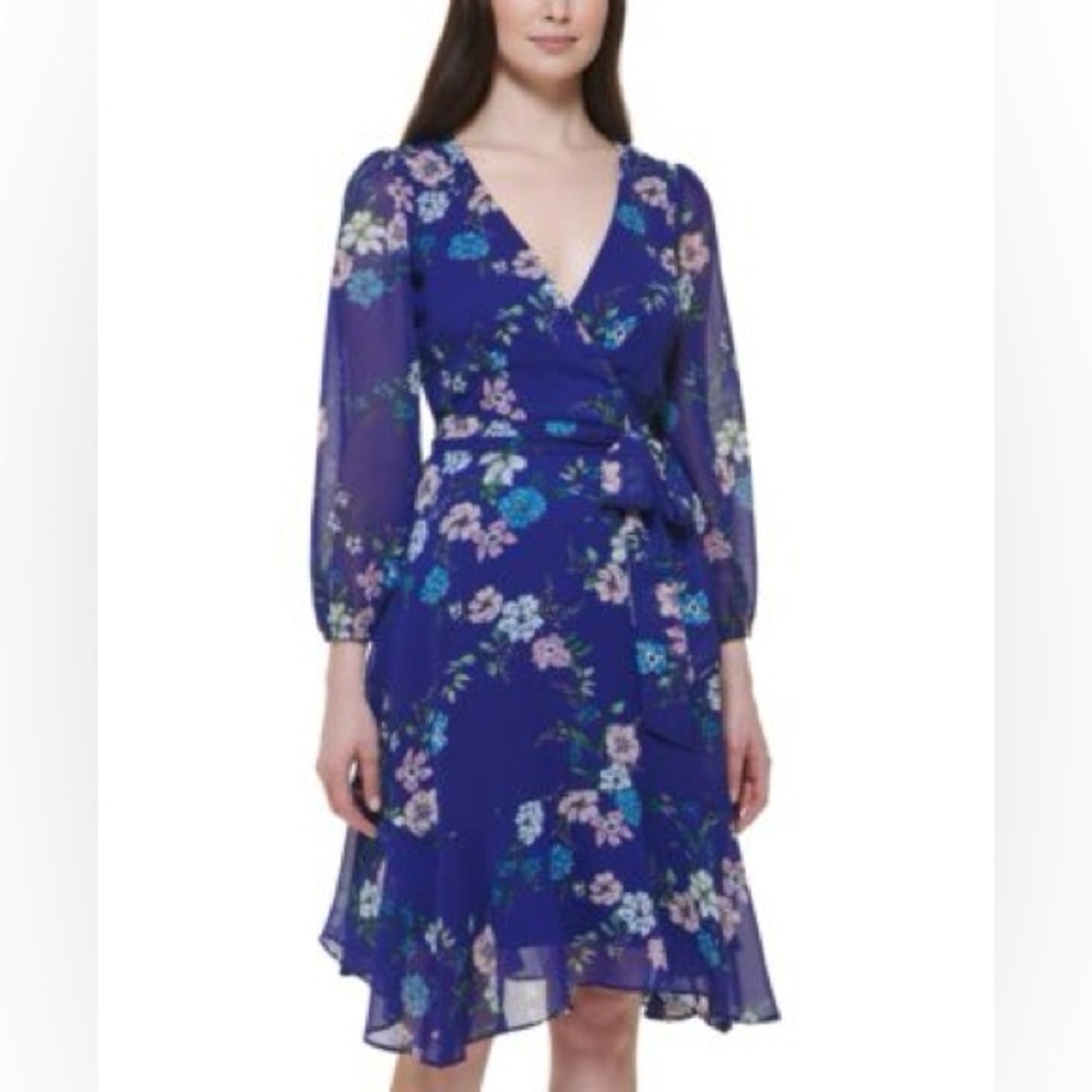Jessica Howard Women's Floral Chiffon Wrap Mini Dress with Long Sleeves